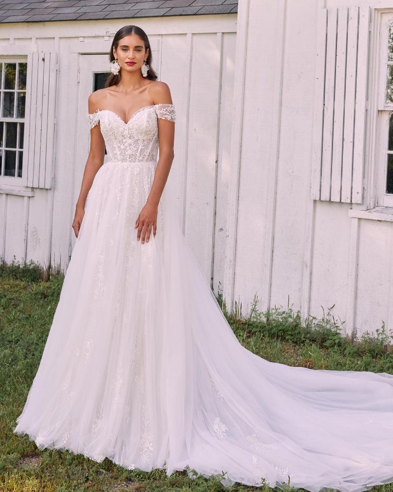 La22127 a line beaded wedding dress with off the shoulder sleeves and sweetheart neckline3